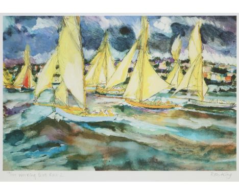 RON KING (Contemporary) “Working Boats Race 2”, coloured lithograph, signed, inscribed &amp; numbered 1/20 in pencil, 25 x 38