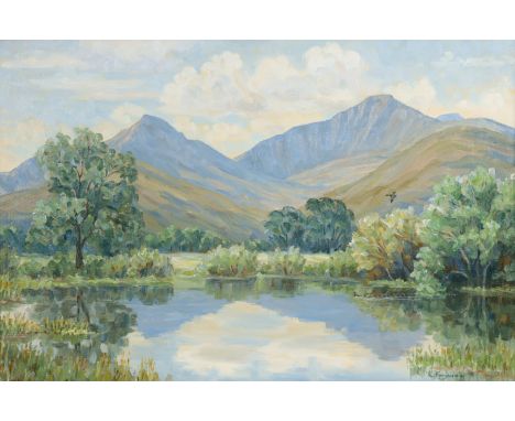 ENGLISH SCHOOL (20th century) A rural landscape with lake to the fore &amp; mountains beyond, signed &amp; dated “K. Ferguson