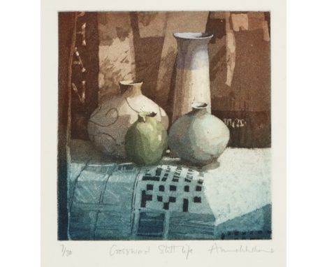 ANNIE WILLIAMS, R.B.A., R.W.S. (Contemporary) “Crossword Still Life”, coloured etching, signed, inscribed &amp; numbered 7/30