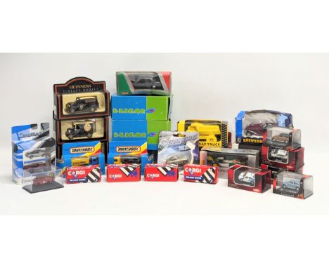 A collection of model cars and trucks, including MatchBox, Corgi, Eligor, Schabak, Cararama, etc 