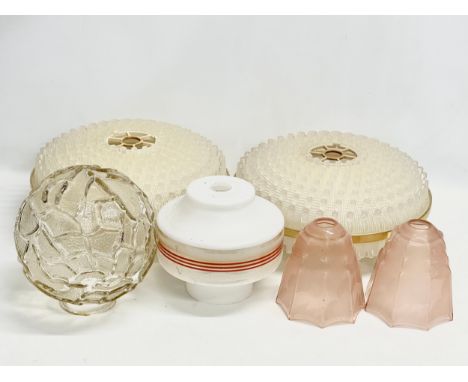 6 Mid Century light shades. Largest pair 35x18cm. Pink glass 14x16cm 