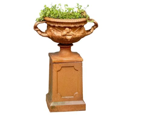 A large good quality Neo Classical style glazed terracotta 3 piece garden planter. 61x44x85cm 