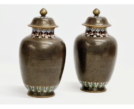 A pair of good quality early 20th century Cloisonné enamel vases with lids. Circa 1900-1920. 12x22cm 