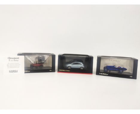 A collection of 3 Norev model cars, including Peugeot 6cv Bebe, Peugeot 3 Litres Indianapolis, and Vauxhall Corsa. 