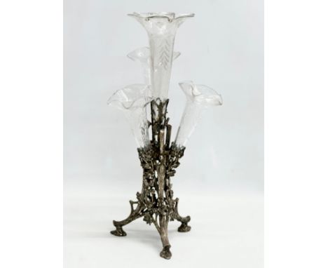 A Victorian ornately plated epergne with etched glass branches. James Deakin &amp; Sons. EPNS. 38cm. 