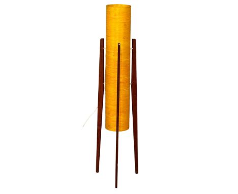 A Mid Century teak ‘Rocket’ lamp with fibreglass shade. 1960. 112.5cm 