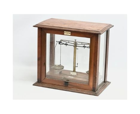 A 1940’s lab balance scales in case. W.&amp; J. George LTD, Late F.E. Becker &amp; Co. 44x26x39cm