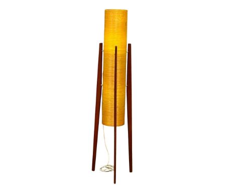 A Mid Century teak ‘Rocket’ lamp with fibreglass shade. 1960. 112.5cm 