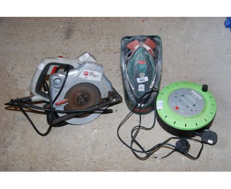 A 7" "PP lazer" circular saw, a "Bosch" sander, and a "Pifco" extension lead.