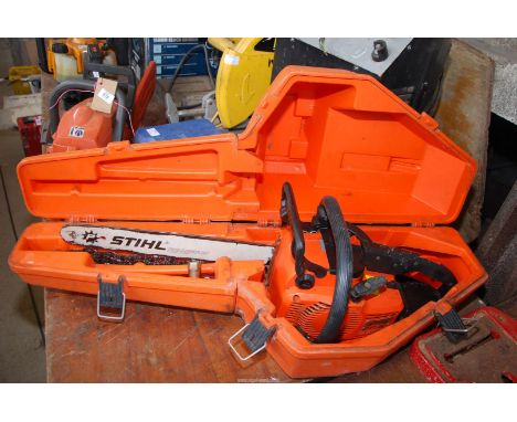 A cased "Stihl" Chainsaw  0011 AV model, 14 cutter bar chain not fitted and chain brake working. 