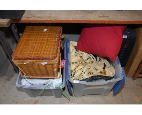A box of kitchenware, a box of curtains and a part picnic hamper.