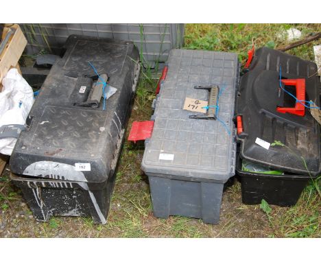 Three boxes of various tools, lever bars, mastic guns, wood planes etc.