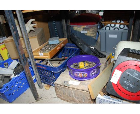 A large quantity of outdoor halogen lights, drill bits, tools, etc.