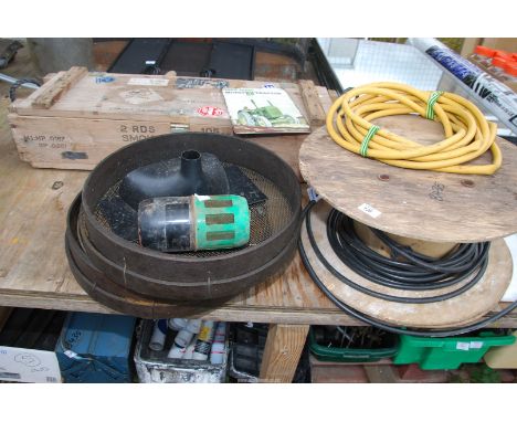 Armoured cable, riddles, hose pipe, greenhouse heater, large wooden storage box, etc.