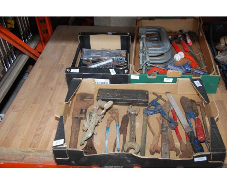 Three boxes of G-clamps, tools and gauges.