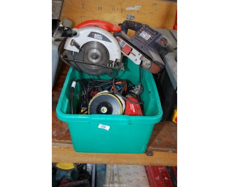 A box of "Dexton" 240 volt drill with polisher head, a "Sparkie" belt sander, two "Dewalt" drills with batteries, a "Black an