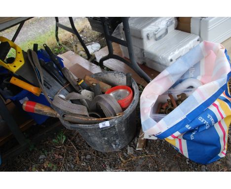 Three containers of tools, plumbing fittings, etc.