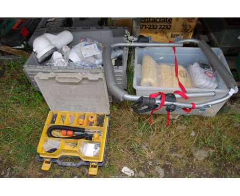 Two tubs containing a bike carrier plus waste pipe fittings, decorating rollers, etc.