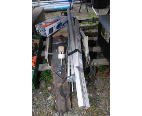 Aluminium surveyors equipment, plus section lifter, camera, hand tools, etc. 