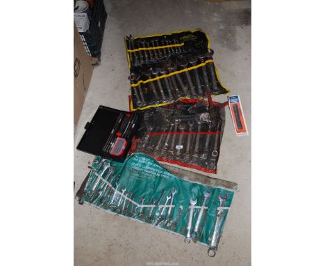 Three combination spanner sets, one being "Kemesa" and one being "Bergen" and the third "Max Pro", and a small socket set, et
