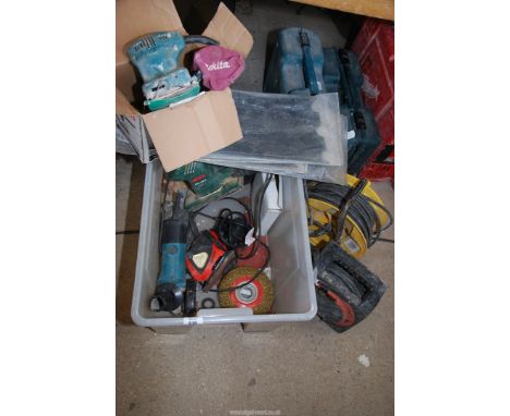 Extension leads, abrasive paper, angle grinder and 110 volt sander.