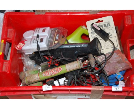 A box of electrical tools to include: sander etc. plus a digital time switch, a vintage "Sovereign" sprayer.