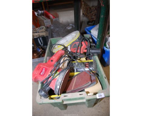 A box of abrasive paper, wire wool, an orbital 240 volt sander and a mouse sander (mouse sander not working/for repair).