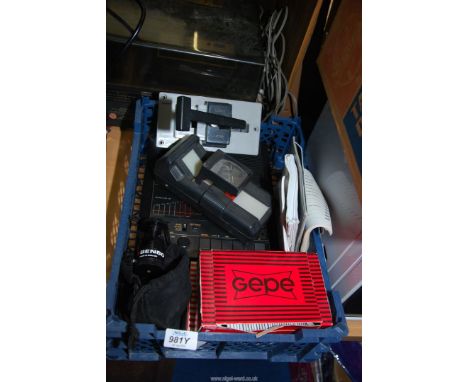 A quantity of photographic equipment, slide mounts, Nokia stereo recorder, Benrow tripod head etc.