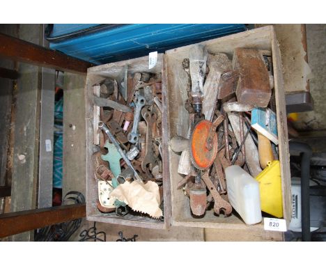 Two boxes containing vintage tools, bicycle spanners, jack plane, wood hand drill.