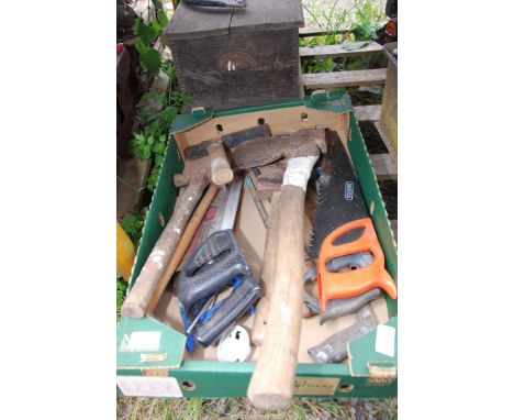 A box of hacksaws, axe, masonry hammers, etc.