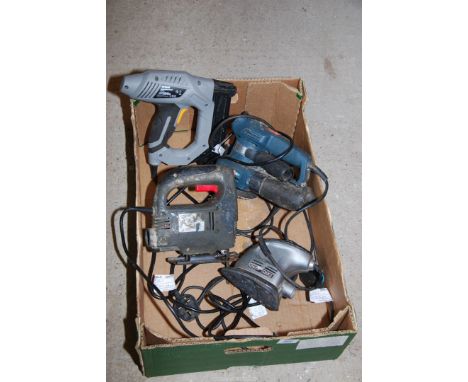 A box of power tools to include a jigsaw, staple gun and sanders.