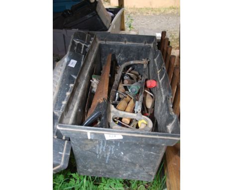 A plastic tool box, plus a large quantity of tools, etc.