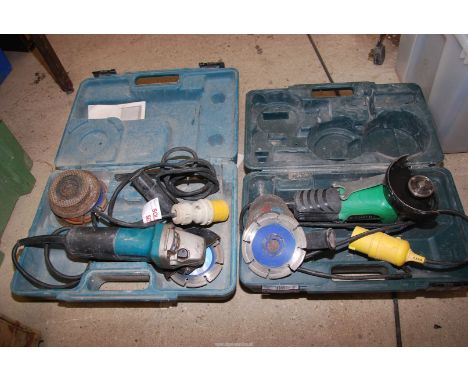 A 110 volt, 4 1/2" angle grinder with discs and a "Makita" 4 1/2" angle grinder with discs (not working/for repair).