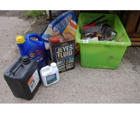 A box of screws, pop rivets, etc. plus Chainsaw oil, etc.