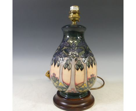 A Moorcroft 'Cluny' pattern Table Lamp Base,&nbsp;with tubelined decoration on salmon pink ground, H 28cm.