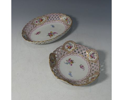 A late 19th/ early 20thC Meissen porcelain reticulated Bowl, the central panel decorated with floral sprays, L 29 x W 19cm, t