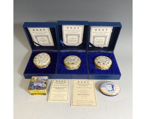 A small quantity of limited edition Halcyon Days enamel Boxes, to include one of John F. Kennedy (22/100), one depicting Newc