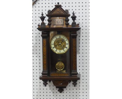 An early 20th century Vienna regulator style wall clock, with floral decorated architectural case, 66cm high, together with a