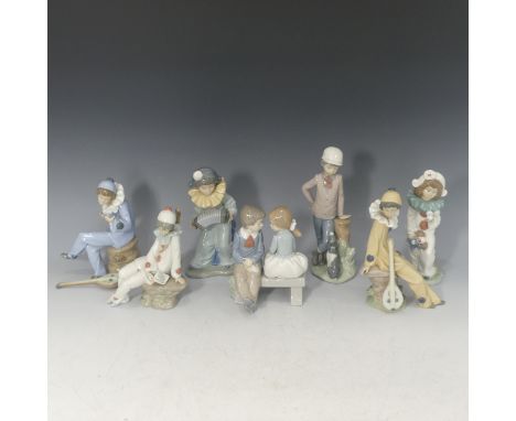A small quantity of Nao Figurines, to include a Girl and Boy seated on a Bench, various Clowns and Musicians etc, tallest 23c