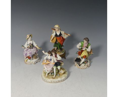 A pair of Continental porcelain Figures, modelled as a Gentleman seated on a tree trunk with birds and Flower Seller, H 13cm,