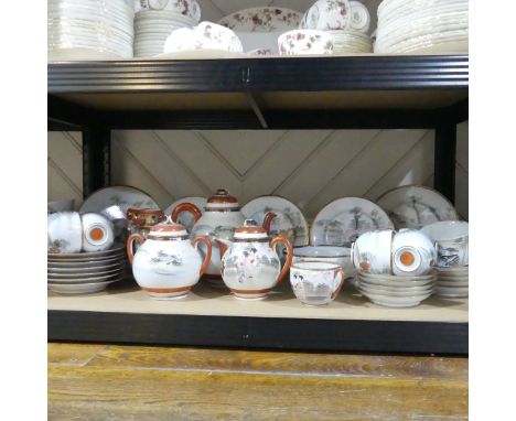 A Chinese porcelain Kutani ware Tea Service, comprising Teapot, nine Cups and eight Saucers, Slop Bowl, Sugar Bowl, lidded Ju