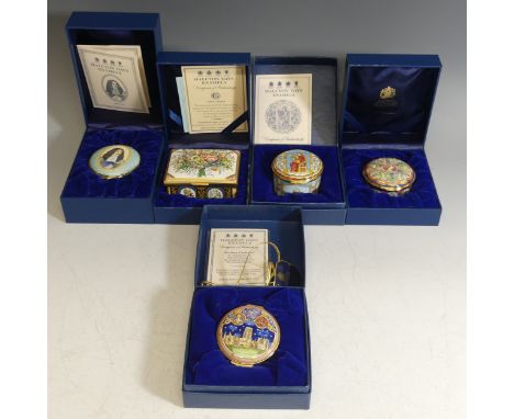 A small quantity of limited edition Halcyon Days enamel Boxes, comprising Charles II The Restoration of the Moncarchy (58/200