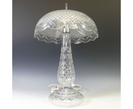 A Waterford cut crystal glass Table Lamp and Shade, the mushroom shade above a tapering cut stem on circular foot, etched mar