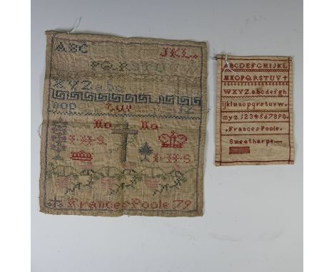Two small Victorian needlework samplers by Frances Poole, Smeatharpe, one dated 79, on open linen, embroidered in colours wit