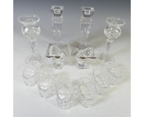 A pair of Waterford cut crystal navette form Salt Cellars, with silver plated spoons, 6cm high, together with two pairs of St