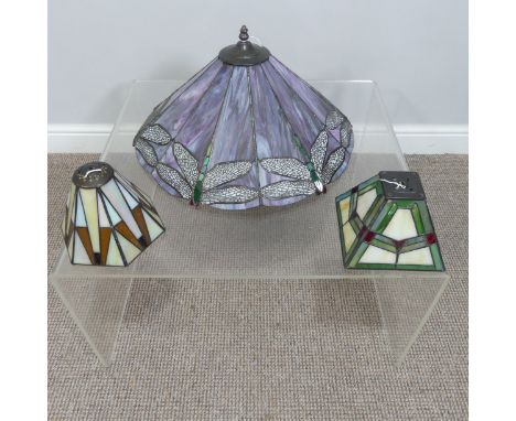 A Tiffany style glass ceiling light Shade, decorated with dragonfly, 51cm diameter, together with two others similar, two sta