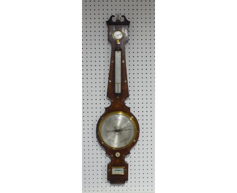 A Victorian rosewood mercury Wheel Barometer and thermometer, signed A. Rozenbaum, Blandford, with a swan-neck pediment and b