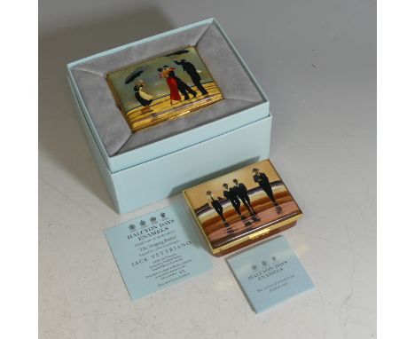 A limited edition Halcyon Days enamel Box, depicting 'The Singing Butler' by Jack Vettriano, 47/350, boxed with certificate o