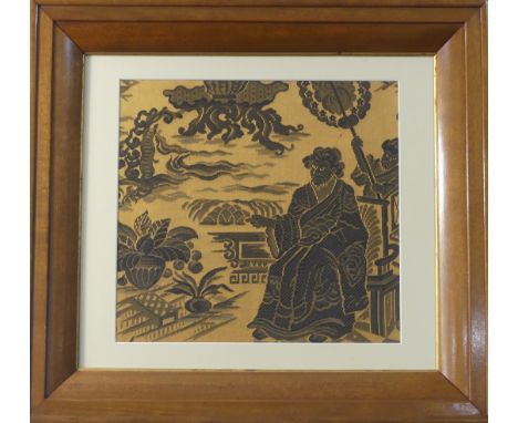 A Chinese woven silk Panel, depicting an elder on a throne among clouds, overmounted, framed in a walnut frame, and glazed, 3