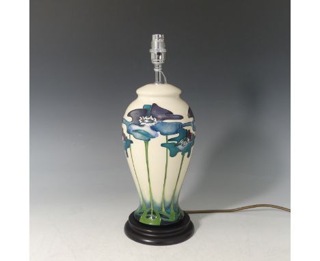 A Moorcroft 'Blue Heaven' pattern Table Lamp and Shade, tube lined decoration on cream ground, H 38cm (excluding shade) 